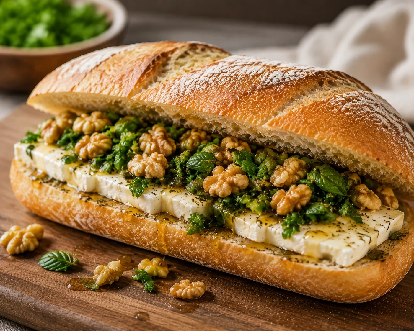 ساندویچ پنیر، گردو و سبزی